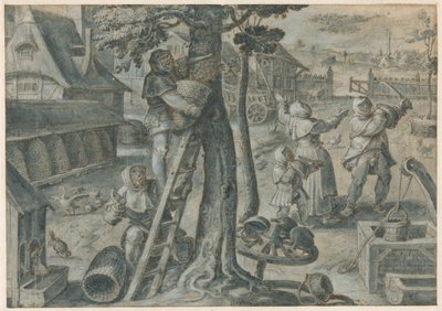 Het vangen van een zwerm bijen op een boerenerf door Jan van der Straet