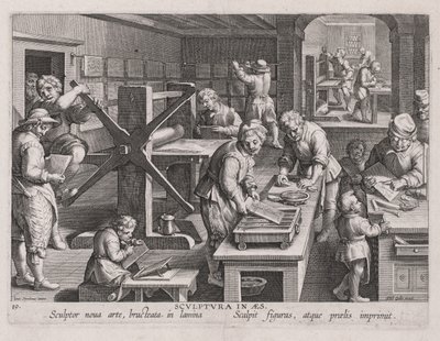 Sculptura in Aes, de werkplaats van een graveur door Jan van der Straet, called Johannes Stradanus