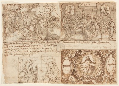 Boven links: Boslandschap met Elia gewekt en gevoed door een engel op de berg Horeb (1 Koningen 19:5-6); Boven rechts: Het banket van koning Ahasveros (Esther 1: 1-6); Onder rechts: Christus omringd door engelen met de Arma Christi; Onder links: Annunciati door Jan van der Straet, called Stradanus