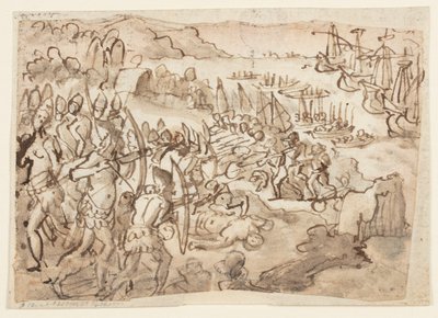 Verovering van de Filippijnen, voorlopige ontwerp voor grisaille schilderij gerealiseerd door Stradanus