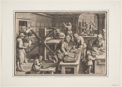 Gravure op metaal; Graveurs op een schip door Jan van der Straet, called Stradanus