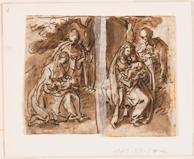 Halve pagina van een schetsboek; Maagd en kind en een derde figuur door Jan van der Straet, called Stradanus