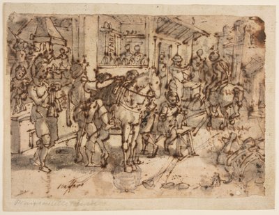 Uitvinding van de stijgbeugel, ontwerp voor "Staphae, sive stapedes," pl. 9 in de Nova Reperta (Nieuwe uitvindingen van moderne tijden) prentserie door Jan van der Straet, called Stradanus