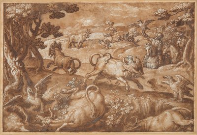 Mannen die Stieren Jagen met Adelaars door Jan van der Straet, called Stradanus