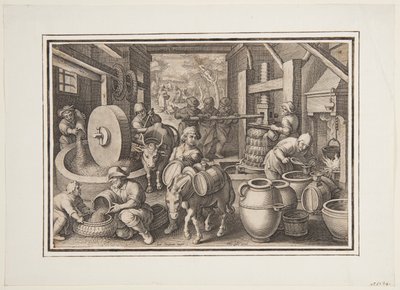 Oleum Olivarum (De productie van olijfolie), plaat 12 in de Nova Reperta (Nieuwe uitvindingen van moderne tijden) door Jan van der Straet, called Stradanus