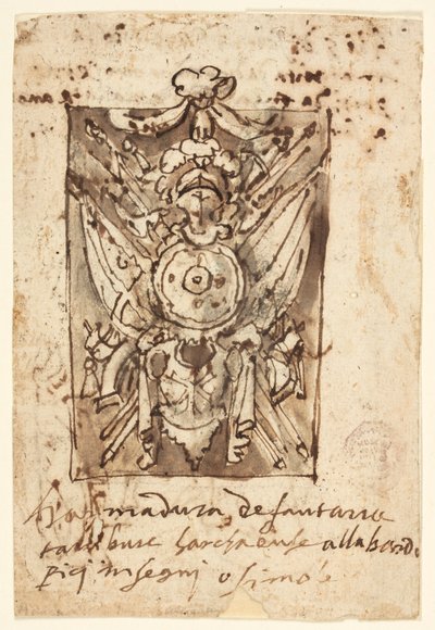 Pagina uit een Schetsboek: Militair Trofee door Jan van der Straet, called Stradanus