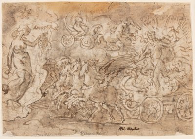 Pagina uit een schetsboek; Apollo en Aurora door Jan van der Straet, called Stradanus