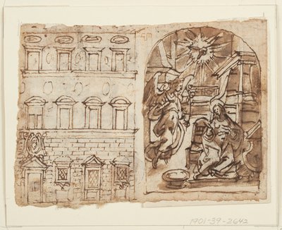 Pagina van een schetsboek; Elevatie van paleis, Annunciatie, Laatste Avondmaal door Jan van der Straet, called Stradanus