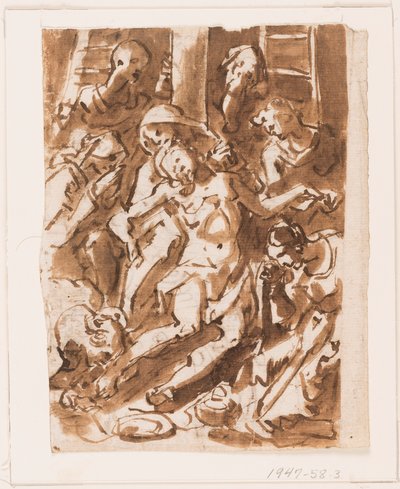 Pagina van een schetsboek; Maria houdt het lichaam van Christus aan de voet van het kruis door Jan van der Straet, called Stradanus