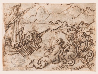 Pagina van een schetsboek: Odysseus passeert de Sirenen (recto); Odysseus in de Onderwereld (verso) door Jan van der Straet, called Stradanus