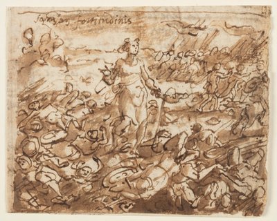 Recto: Simson, na het verslaan van de Filistijnen, drinkt water uit de kaak van een ezel, voorlopige ontwerp voor "Spiritus Fortitudines" (De Geest van Kracht), plaat 4 in de "Zeven Gaven van de Heilige Geest" prentserie. Verso: verduisterde inscriptie door Jan van der Straet, called Stradanus