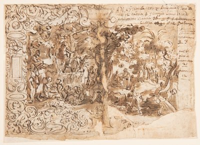 Recto: Wandtapijtontwerp met Johannes de Doper die Predikt (of Christus tussen de omstanders); Verso: inscriptie door Jan van der Straet, called Stradanus