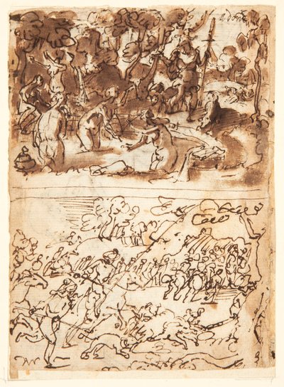 Recto, boven: Diana en Actaeon; Recto, onder: Zwijnenjacht; Verso, boven: studies van twee mannelijke hoofden; Verso, onder: Ontmoeting van Anna en Joachim bij de Gouden Poort, De besnijdenis van het Christuskind door Jan van der Straet, called Stradanus
