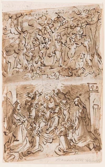 Recto, boven: Jonge St. Johannes de Doper geleid door engelen in de woestijn; Recto, onder: Sacra Conversazione met Sts. Barbara en Catherine; Verso, boven: Kruisiging; Verso, onder: Christus geneest verlamden bij het bad van Bethesda door Jan van der Straet, called Stradanus
