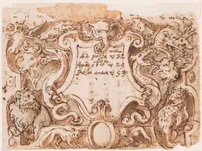 Recto: Voorlopig Ontwerp voor Titelpagina van de Prentserie Venationes Ferarum Arium Piscium; Verso: Aantekeningen door Stradanus over Betalingen aan een Kleermaker door Jan van der Straet, called Stradanus