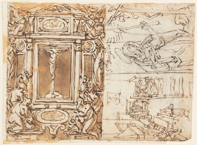 Schetsboekpagina; Monument van Marcus Aurelius Antonius met zoon; Studie voor een gravure door Jan van der Straet, called Stradanus