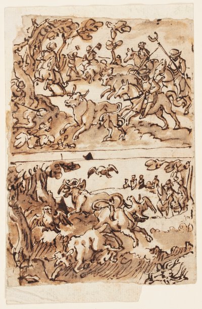 Schetsboekpagina met Stierenjachten door Jan van der Straet, called Stradanus