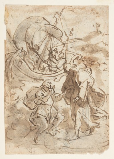 Schetsboekpagina met Christus die over Water loopt door Jan van der Straet, called Stradanus