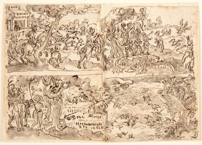 Schetsboekpagina met vier jachtscènes door Jan van der Straet, called Stradanus