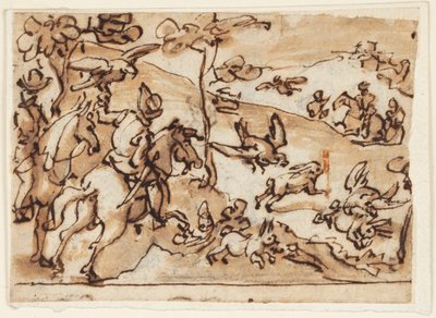 Schetsboekpagina met hazenjacht en valken door Jan van der Straet, called Stradanus