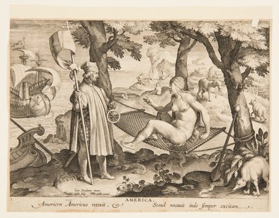 De ontdekking van Amerika, plaat 1 uit de "Nova Reperta" (Nieuwe uitvindingen van moderne tijden) door Jan van der Straet, called Stradanus