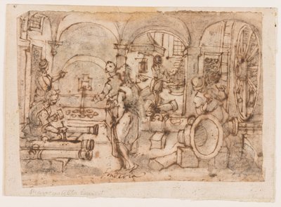 De uitvinding van buskruit, ontwerp voor "Pulvis Pyrius," pl. 3 in de Nova Reperta (Nieuwe uitvindingen van moderne tijden) prentserie door Jan van der Straet, called Stradanus