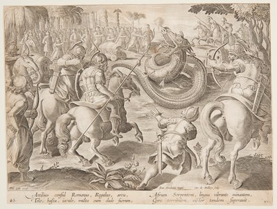 De Romeinse consul Attilius Regulus vecht tegen een gigantische Afrikaanse slang, plaat 25 in de Venationes Ferarum serie door Jan van der Straet, called Stradanus