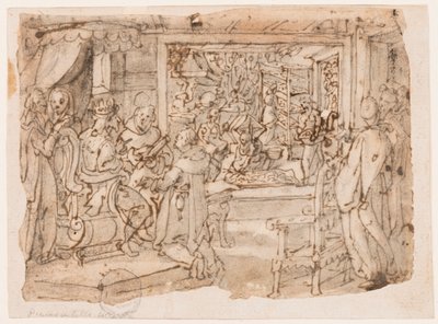 De introductie van de zijderups aan het hof van keizer Justinianus, ontwerp voor "Ser, sive sericus vermis," plaat 8 in de Nova Reperta (Nieuwe Uitvindingen van Moderne Tijden) prentserie door Jan van der Straet, called Stradanus