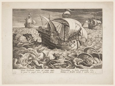 Drie schepen omringd door monsters door Jan van der Straet, called Stradanus