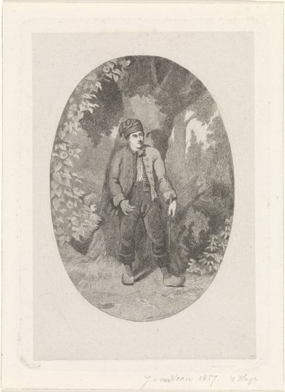 Man bij een boom in een bos door Jan van der Veen (prentmaker)