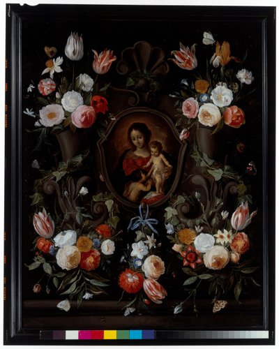 Een stenen cartouche versierd met bloemen en vlinders door Jan van the Elder Kessel