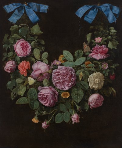 Een slinger van rozen opgehangen aan blauwe linten door Jan van the Elder Kessel