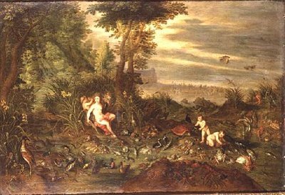 Een allegorie van water: een zeenimf bij een rietachtige oever met vissen, schelpen en vogels in de buurt, de triomf van Amphitrite daarachter door Jan van the Elder Kessel