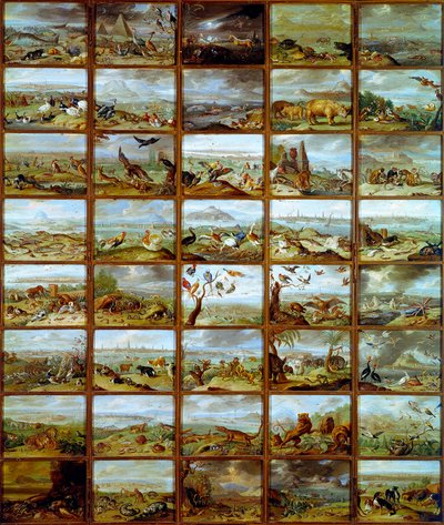 Dierentafel met compartimenten die overeenkomen met verschillende diersoorten door Jan van the Elder Kessel