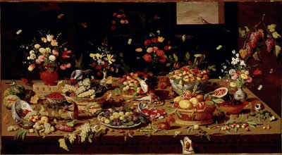 Stilleven met fruit en bloemen Tafel bedekt met schalen met vijgen, pruimen, granaatappels, druiven, perziken. Koper Schilderij door Jan Van Kessel (1626-1679) Galleria Doria Pamphilj, Rome door Jan van the Elder Kessel