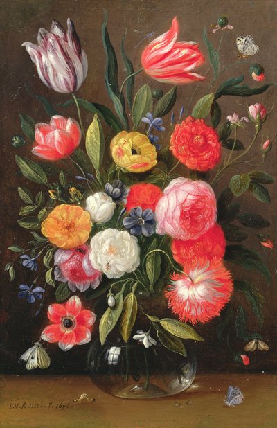 Tulpen, rozen, anemonen en andere bloemen in een glazen vaas met vlinders en een rups op een richel door Jan van the Elder Kessel