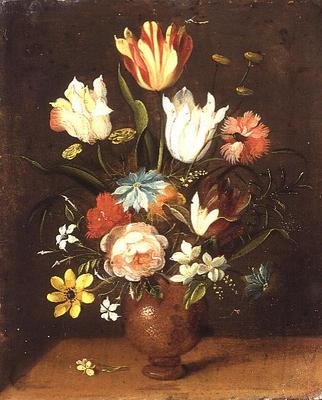 Tulpen, rozen, anjers en andere bloemen in een vaas door Jan van the Elder Kessel