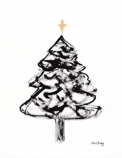 Kerstboom met Sumi-inkt en Gouden Kruis door Janel Bragg