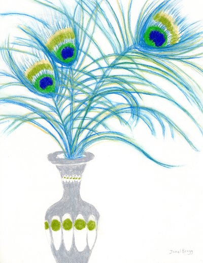 Stilleven met pauwenveren, ca. 2024 (water op papier) door Janel Bragg