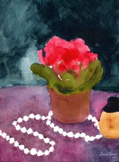 Stilleven met parels en parfumfles, c.2024 door Janel Bragg