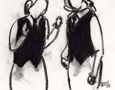 Serveersters in Café Sabarsky ca. 2024 (houtskool op papier) door Janel Bragg