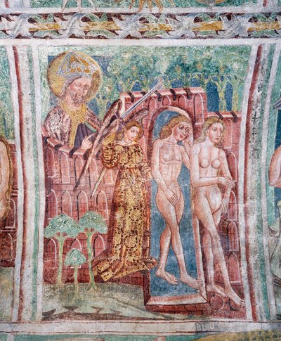 Hrastovlje versterkte kerk, Drievuldigheidskerk, Adam en Eva verdreven uit het Paradijs (1490) (detail) door Janez Kastav