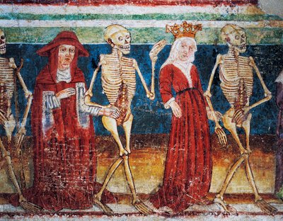 Hrastovlje versterkte kerk, Drievuldigheidskerk, Dood vergezelt Koningin en kardinaal, Dodendans (1490), (detail) uit fresco