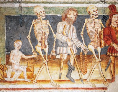 Hrastovlje versterkte kerk, Drievuldigheidskerk, Dood vergezelt kind en arme, Dodendans (1490), (detail) uit fresco