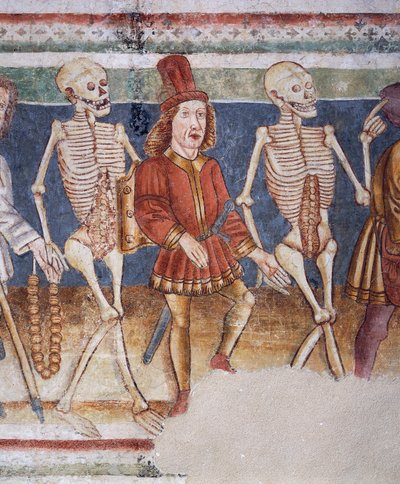 Hrastovlje versterkte kerk, Drievuldigheidskerk, Dood begeleidt koopman en rijke bankier, Dodendans (detail) door Janez Kastav