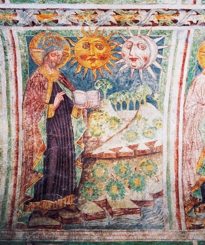 Hrastovlje versterkte kerk, Drievuldigheidskerk, Genesis, God creëert zon, maan en sterren (1490), detail van fresco