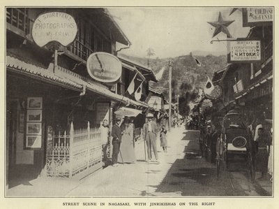 Straatscène in Nagasaki, met Jinrikishas aan de rechterkant door Japanese Photographer