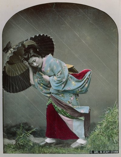 Jonge Japanse meisje in de regen, ca. 1900 door Japanese Photographer