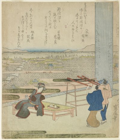 (Vrouw en Twee Mannen Genieten van een Uitzicht vanaf een Gebouw op een Heuvel), 1820s door Japanese School