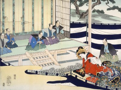 Een Man ondervraagt een Vrouw, uit een 19e-eeuws Album van Houtsneden door Japanese School